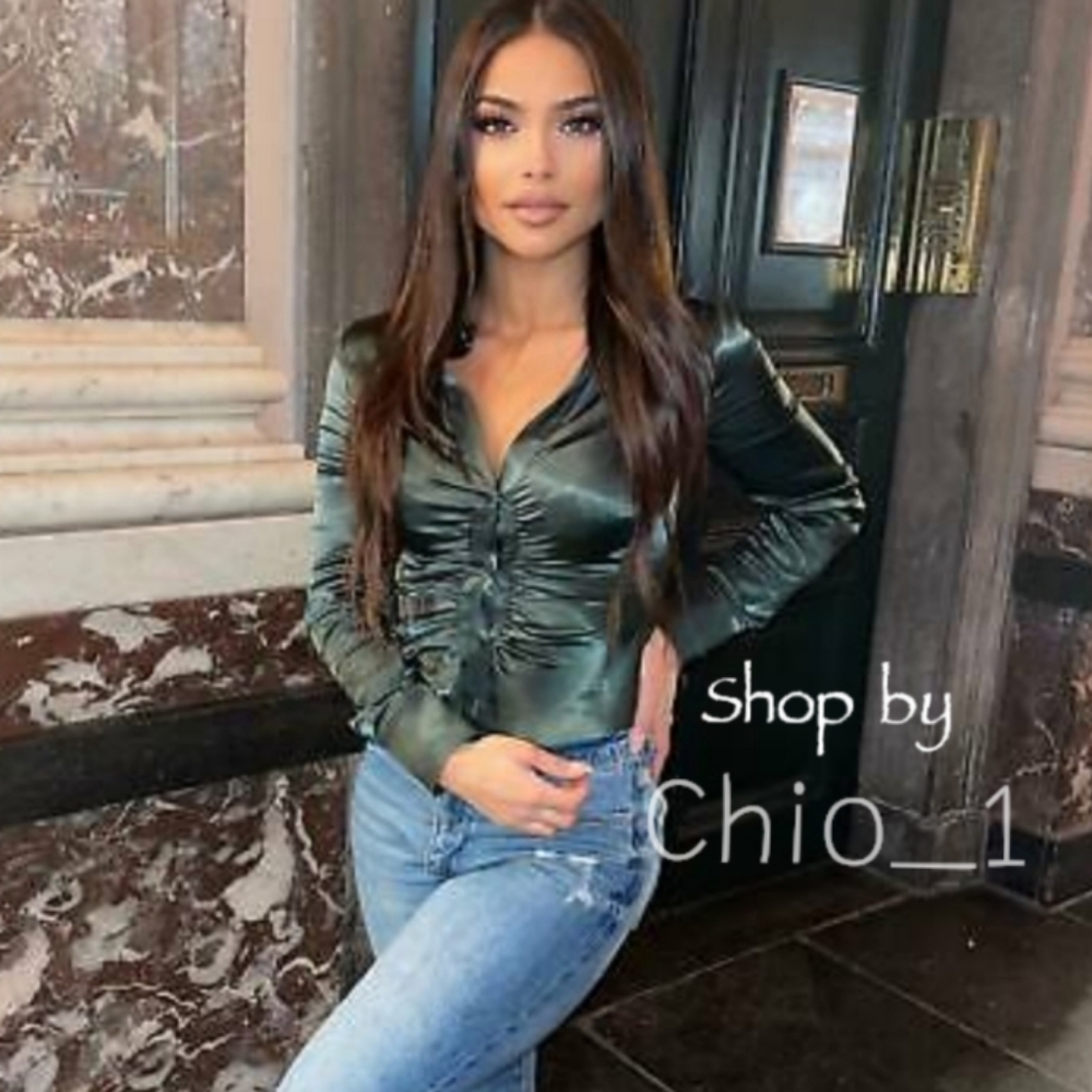 Zara Shirts | Pleated Satin Effect Shirt Bottle Green bloggers favorite
